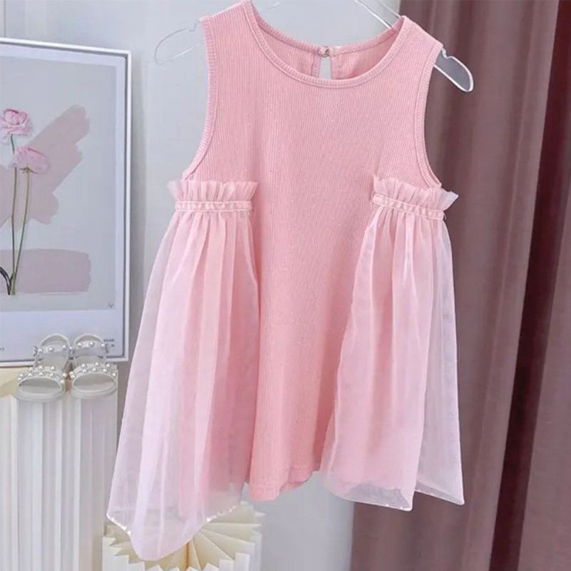 Se7en Đầm Công Chúa Sát Nách Cổ Tròn Phối Lưới Thời Trang Mùa Hè Hàn Quốc Cho Bé