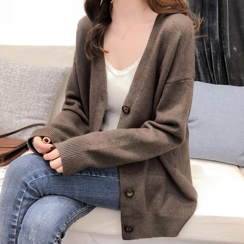 Áo cardigan dệt kim cổ chữ V tay dài màu trơn thời trang thu đông Hàn Quốc xinh xắn cho nữ