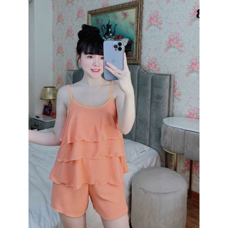 Đồ Bộ Ngủ Lụa Ngắn 3 Tầng 2 Dây Nữ Mặc Nhà