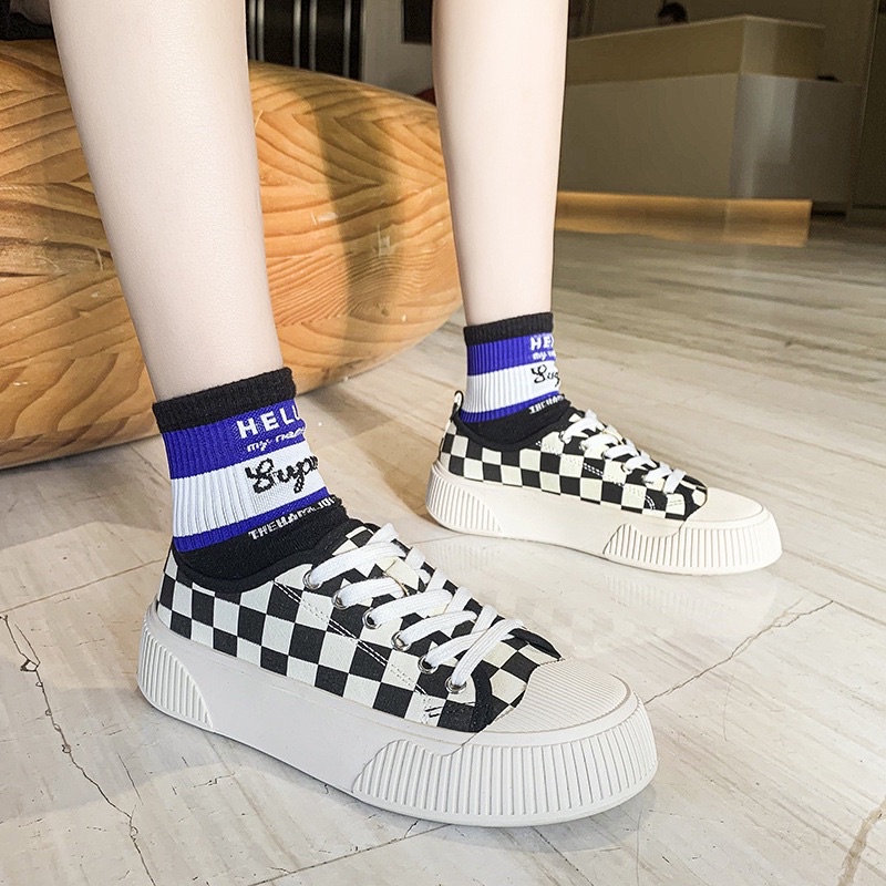 Giày sneaker bigsize thể thao nữ độn đế sọc caro phong cách học sinh Hàn quốc BRATINA G010