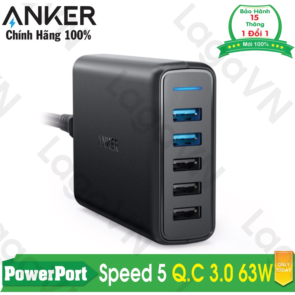 Sạc ANKER PowerPort Speed 5 cổng 63W có 2 cổng Quick Charge 3.0 (Đen)