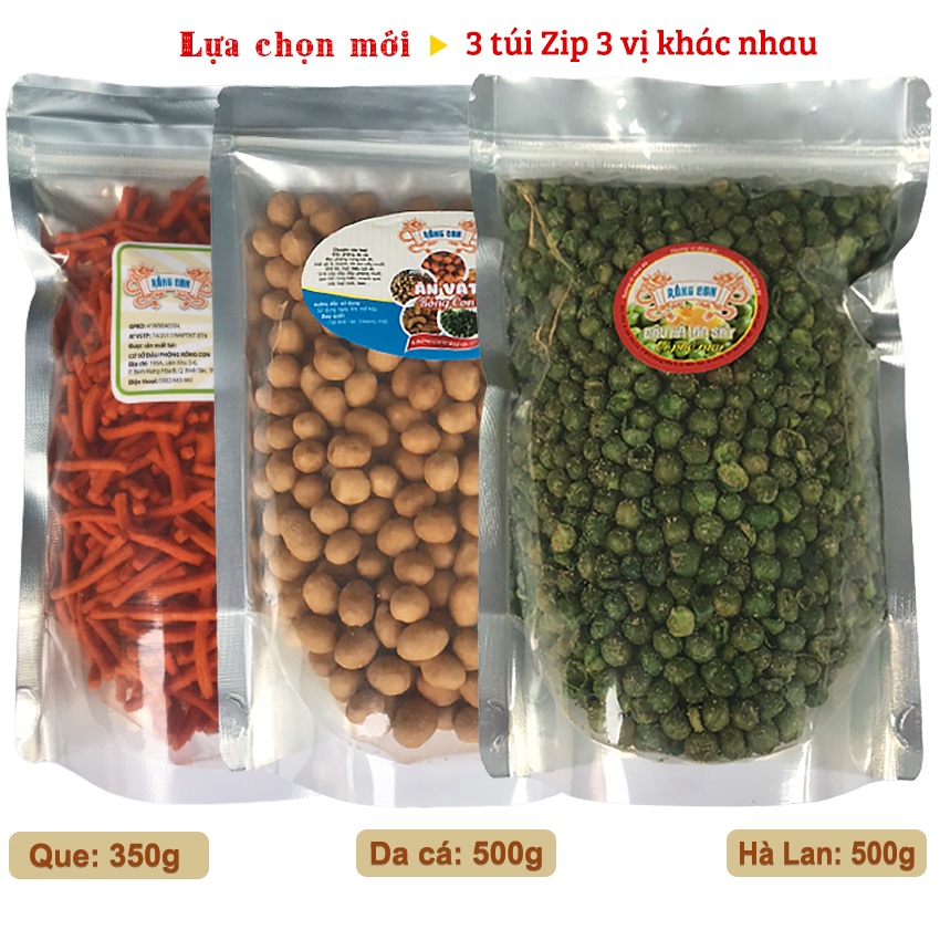 Combo 3 Túi Zip: Đậu Phộng Da Cá 500gr - Đậu Hà Lan 500gr - Đậu Hà Lan Snack Que 350gr Rồng Con - Đồ Ăn Vặt