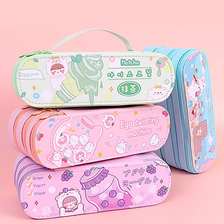 Hộp bút da đẹp 3 tầng đa năng hình cô gái- túi đựng mỹ phẩm cute, Bóp viết dễ thương HBD61