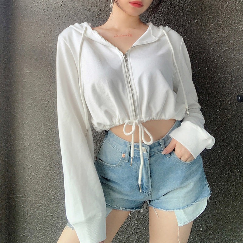 (ORDER) ÁO KHOÁC CROPTOP RÚT DÂY EO CÓ MŨ TRẮNG, ÁO TẬP NHẢY DANCE