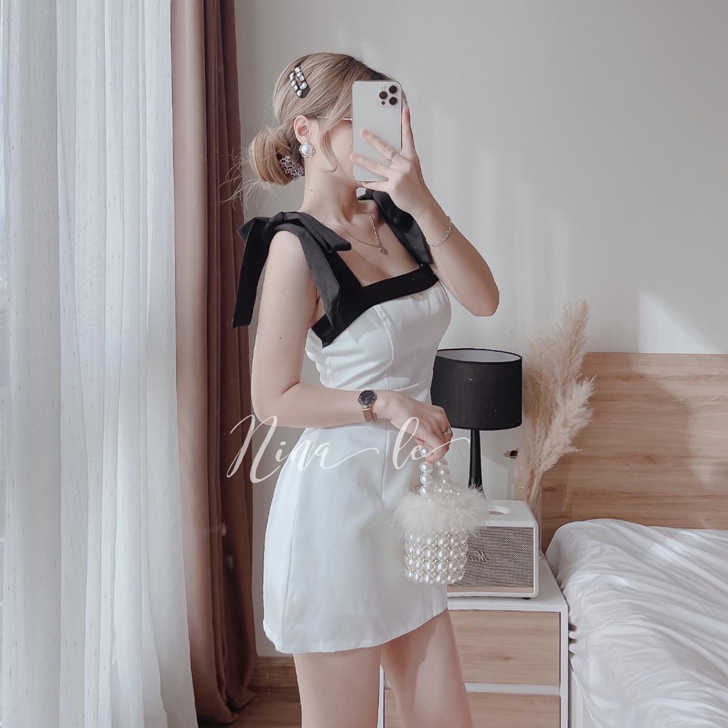 Đầm nữ cổ vuông hai dây nơ vai (Có mút), màu sắc (Trắng, Đen) xinh xắn cho nàng đi chơi, dự tiệc