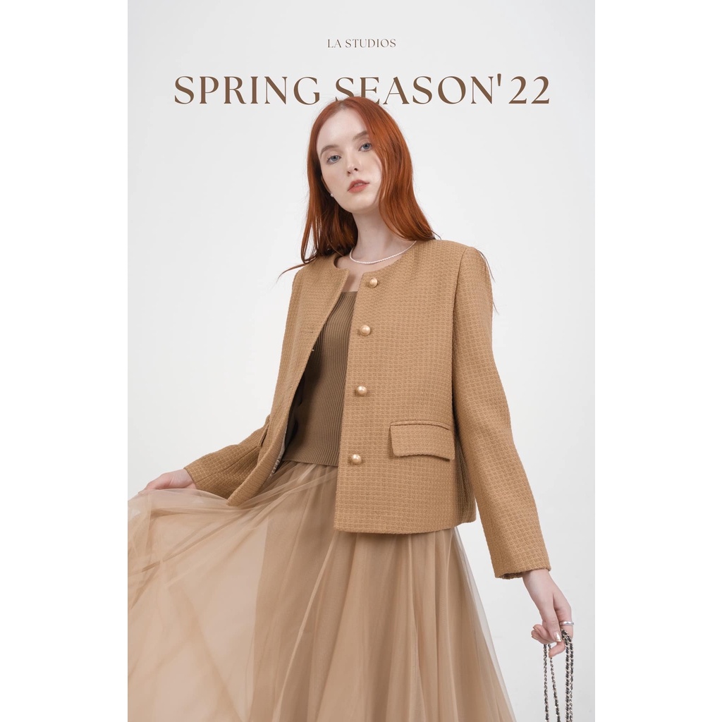 Áo dạ tweed nâu cổ tròn 2 túi đứng Hàn Quốc