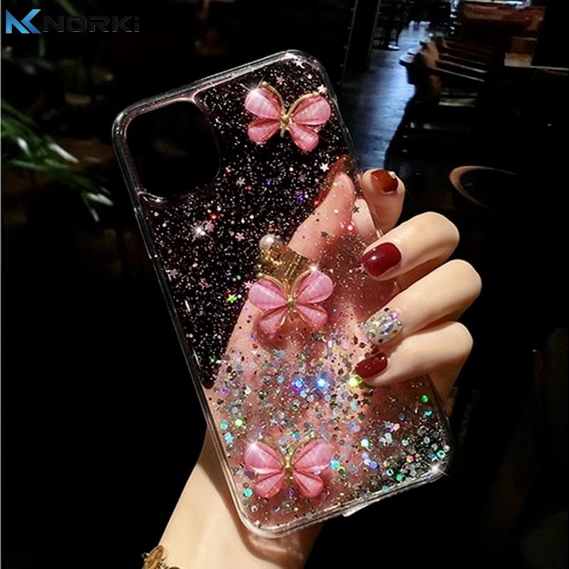 Ốp Điện Thoại TPU Mềm Trong Suốt Đính Kim Tuyến Hình Bướm 3D Có Dây Đeo Cho iPhone 11 12 13 14 Pro Max 13 Pro Max