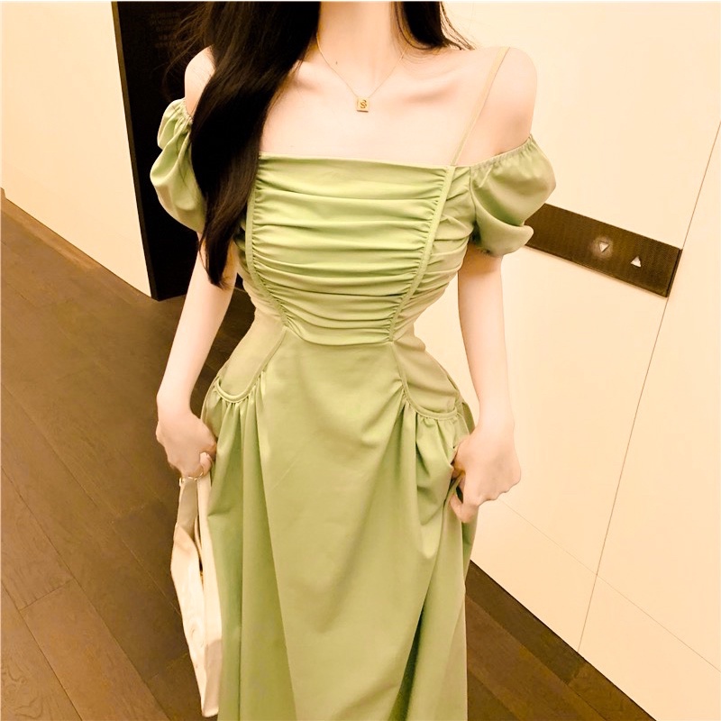 Đầm trễ vai tôn dáng siêu xinh, Váy cổ vuông tay phồng màu xanh cốm dáng dài
