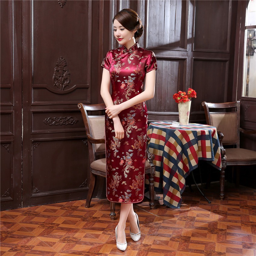 Chinese Traditional Qipao Cheongsam Dress Dragon Phenix Long Cheongsam Dresses