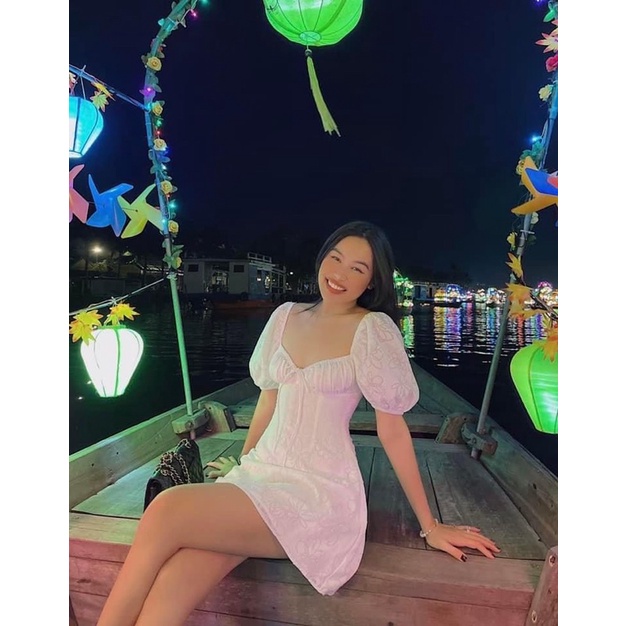 Florence - Đầm vải xô hoạ tiết hoa chìm nhún ngực tay bồng