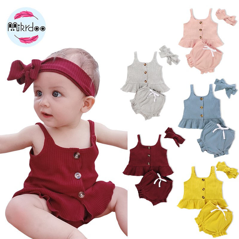 Mikrdoo Set áo sát nách + quần sọt + băng đô đáng yêu cho bé