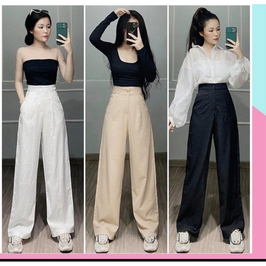 Quần đũi ống rộng kiểu nhật, cúc cài khoá thật chun lưng dáng ống suông dài - màu đen trắng be