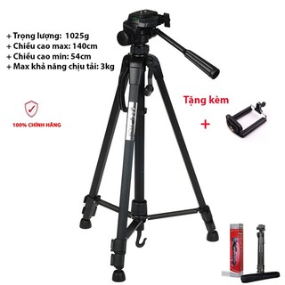 Chân máy ảnh, tripod Weifeng WT-3520, khung nhôm cao cấp, tặng kèm kẹp điện thoại