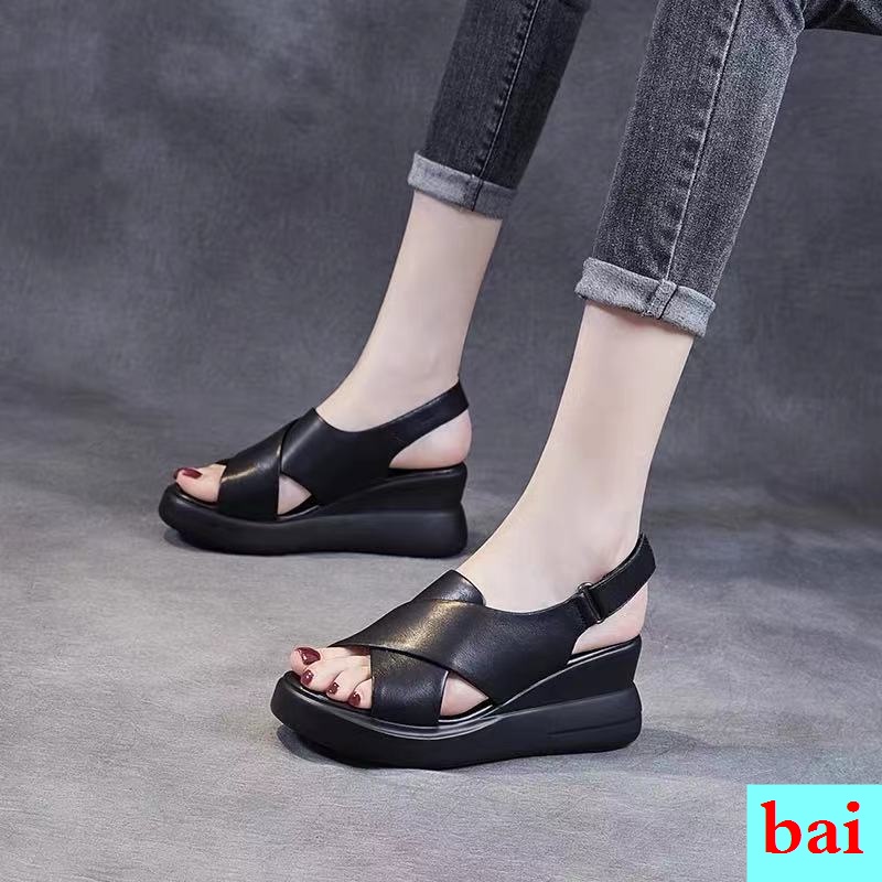 Giày Sandal Cao GótĐế Xuồng Dày Dặn Hở Mũi Bằng Da Mềm Phong Cách Phương Tây Thời Trang Mùa Hè Cho Nữ 2022