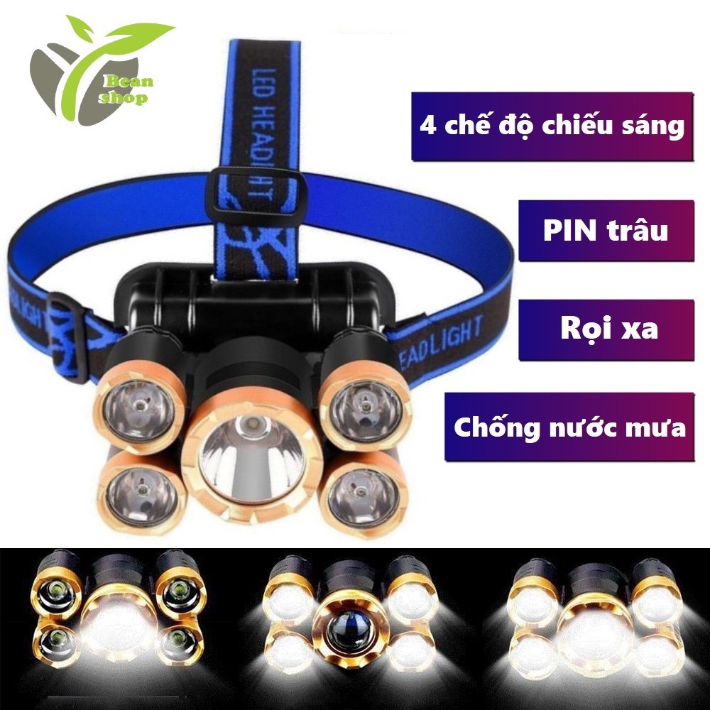 Đèn PIN đội đầu 5 bóng T6 siêu sáng, chống nước, chiếu sáng khoảng cách xa 200m