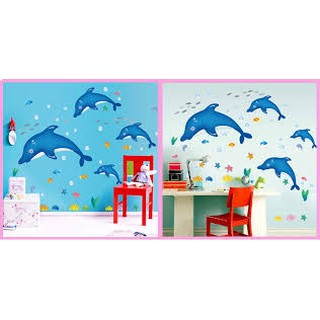 Decal dán tường cá heo xanh