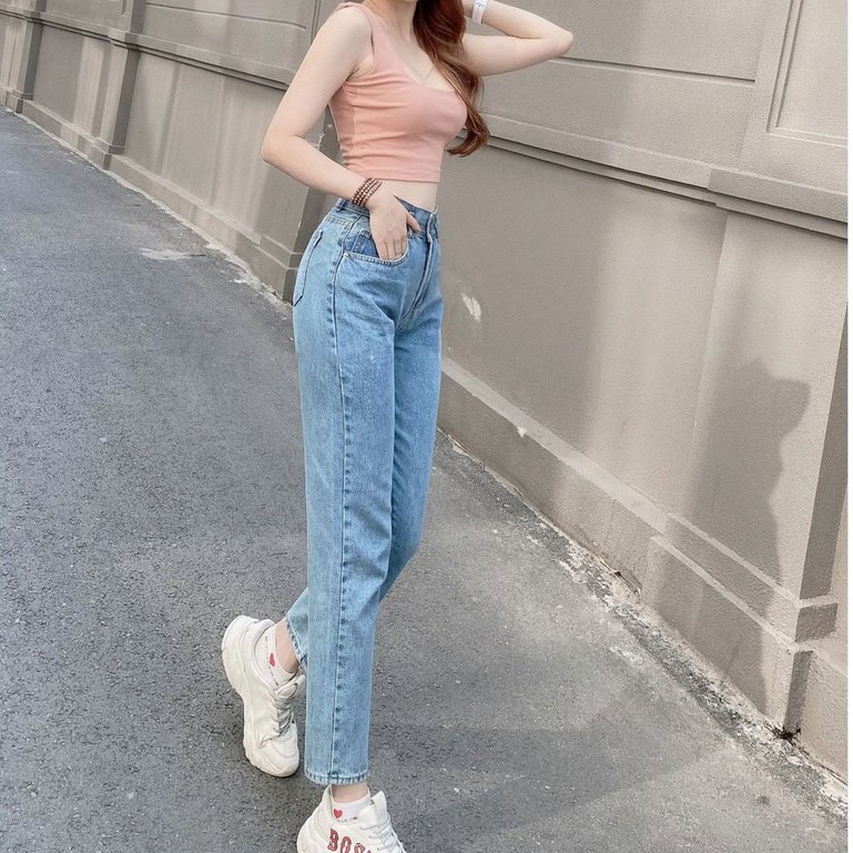 Quần Baggy Jean Nữ Than Lưng Cao 2 Nút