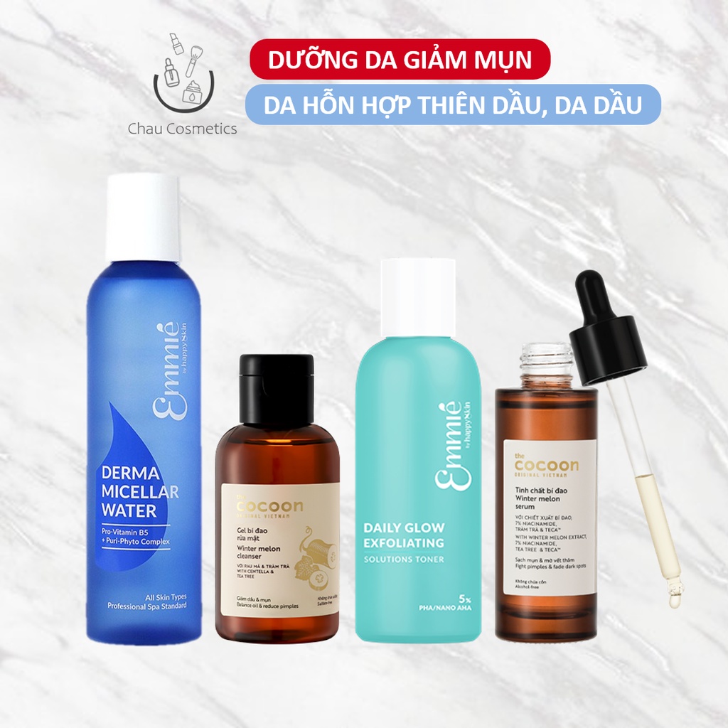 Combo chăm sóc da dầu mụn: nước tẩy trang, sữa rửa mặt, toner cân bằng  AHA/PHA, serum Cocoon Emmié 