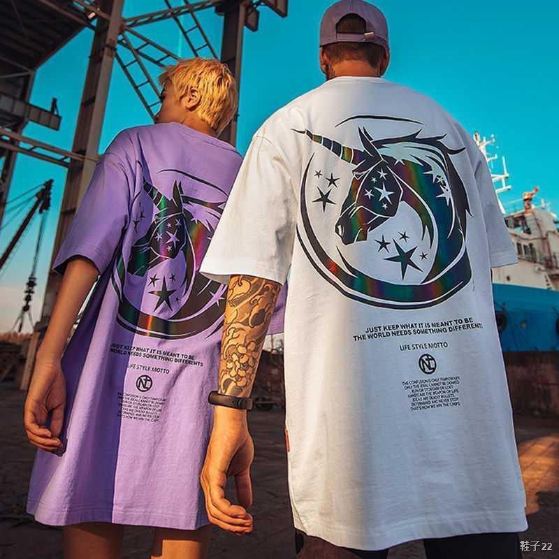 thương hiệu thời trang đường phố hiphop ngắn tay áo thun nam in phản quang hợp quần nửa cỡ lớn rộng rãi mùa hè