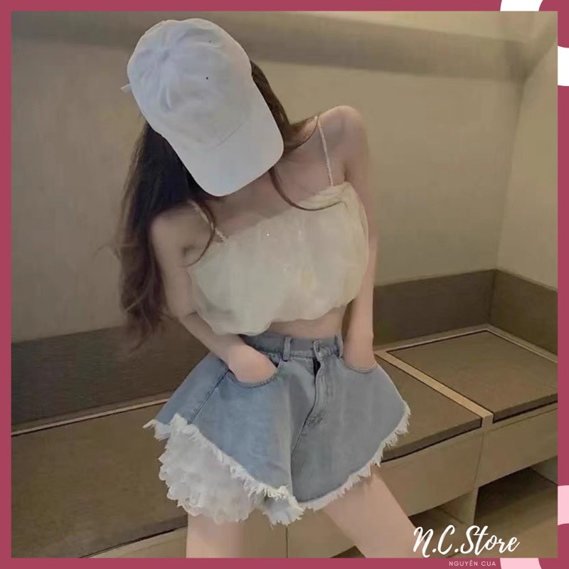 Quần Bò 2 Chi Tiết Dáng Váy Kèm Quần Ren Trắng Siêu Dễ Thương