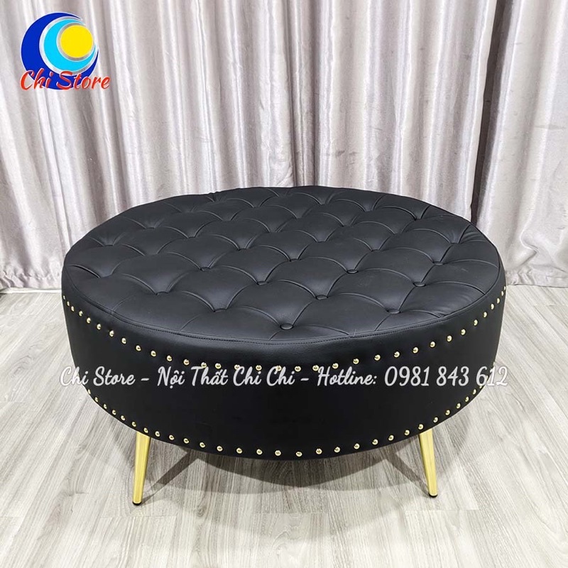 Ghế Đôn Sofa Tròn Chân Vàng Đính Khuy Sành Điệu, Đôn Tròn Ngồi Chờ Siêu Xinh