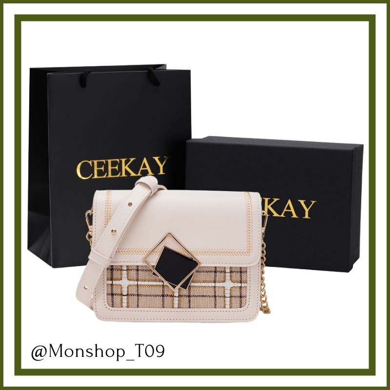 🌸sẵn🌸 Túi xách da mềm đeo chéo nữ CEEKAY chính hãng khóa vuông 2 viên sọc caro  - T09