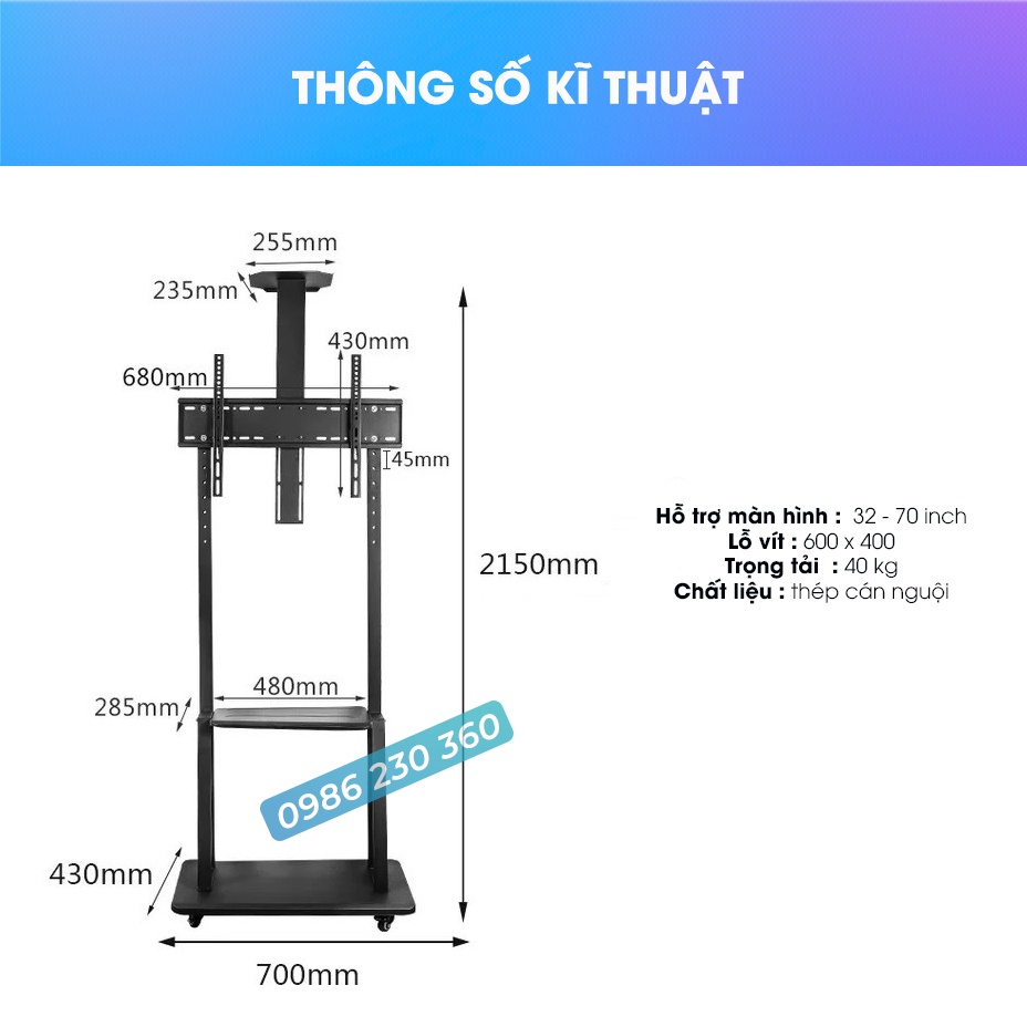 Giá Treo Tivi Di Động 1700 Tương Thích Tivi Từ 32 - 70 Inch - Kệ Treo Tivi Có Bánh Xe Di Chuyển Linh Hoạt