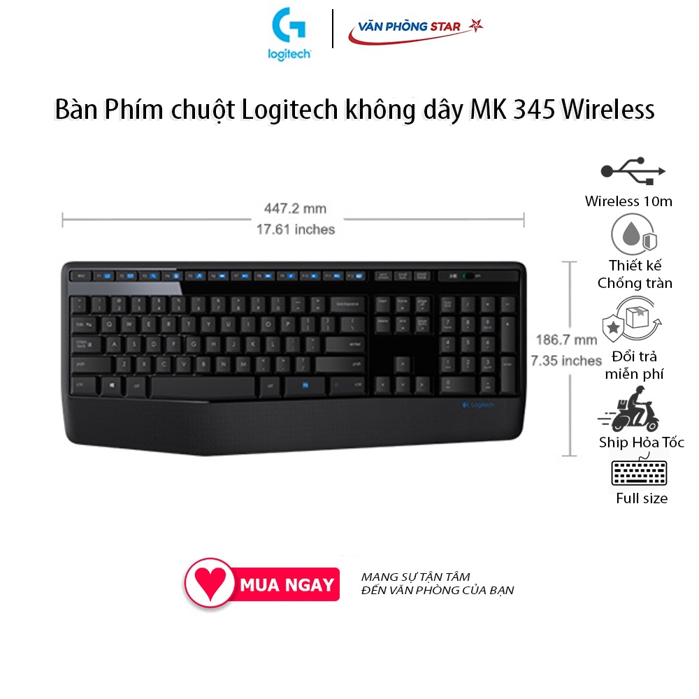 Bàn Phím chuột Logitech không dây MK345 kết nối không dây wireless. Kích thước bàn phím Full size, chuột quang 100 DPI
