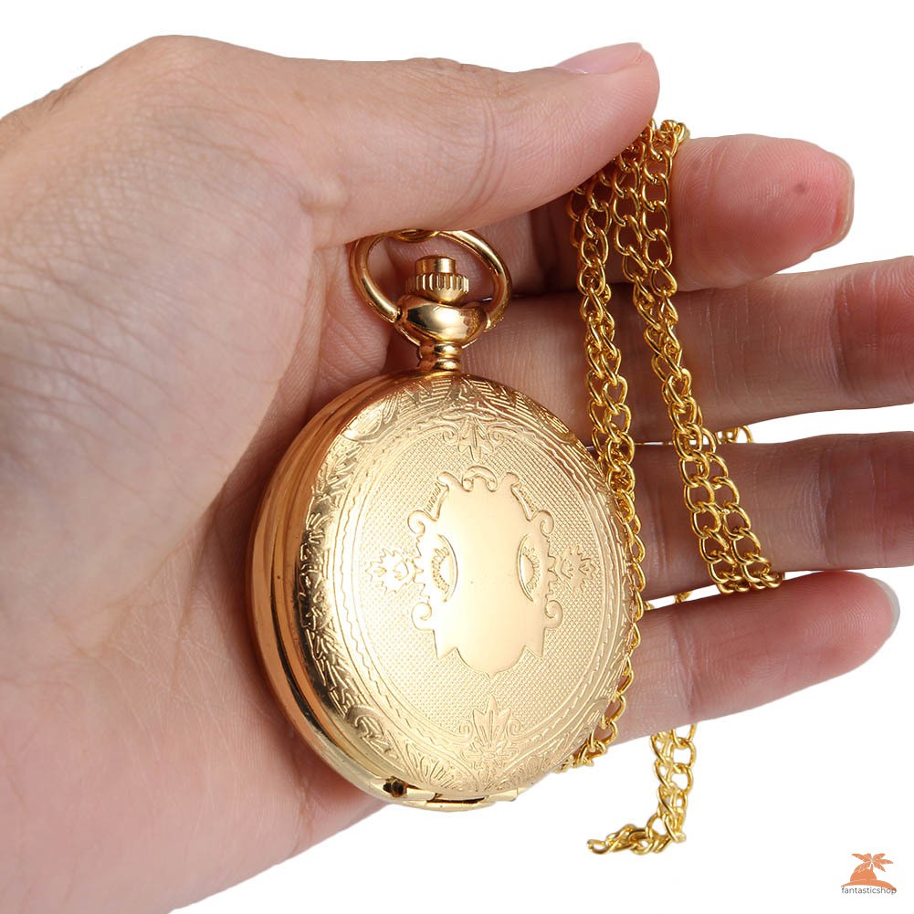 #Đồng hồ bỏ túi# 1pc Men Women Quartz Pocket Watch Golden Shield Pattern Carved Case with Chain