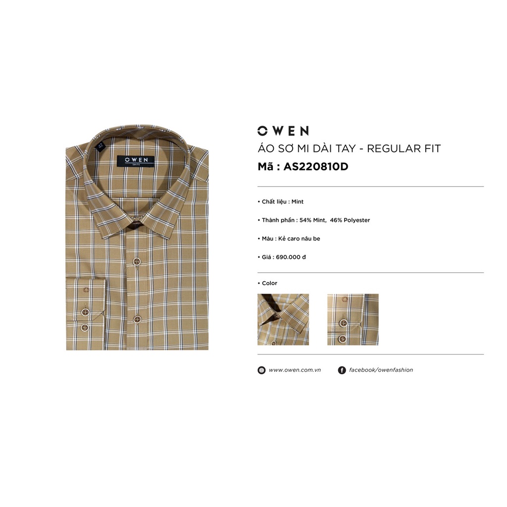 Áo Sơ Mi Nam Dài Tay OWEN AS220810D Somi Công Sở Vải Bạc Hà Cao Cấp Kẻ Caro Nâu Be Dáng Slim Fit Tà Lượn Không Túi