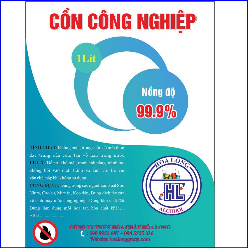 Cồn công nghiệp | Nồng độ 99.9% | Dung tích: 01 lít | Dung môi dùng trong công nghệ sản xuất sơn, nhựa, cao su