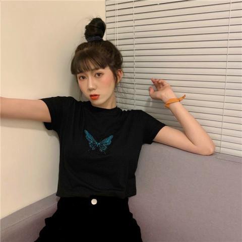 Áo Croptop tay ngắn thêu hình bướm siêu xinh