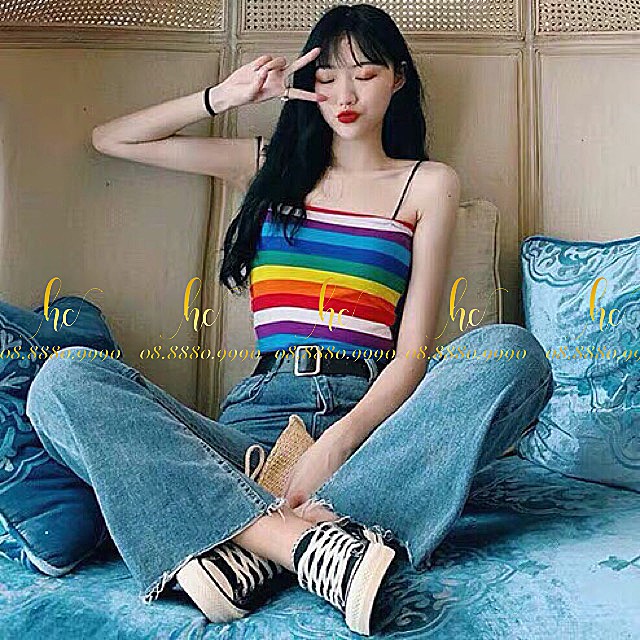Áo 2 dây kẻ màu sắc cầu vồng nổi bật (rainbow) chất thun cotton siêu xinh Freesize 35-55kg