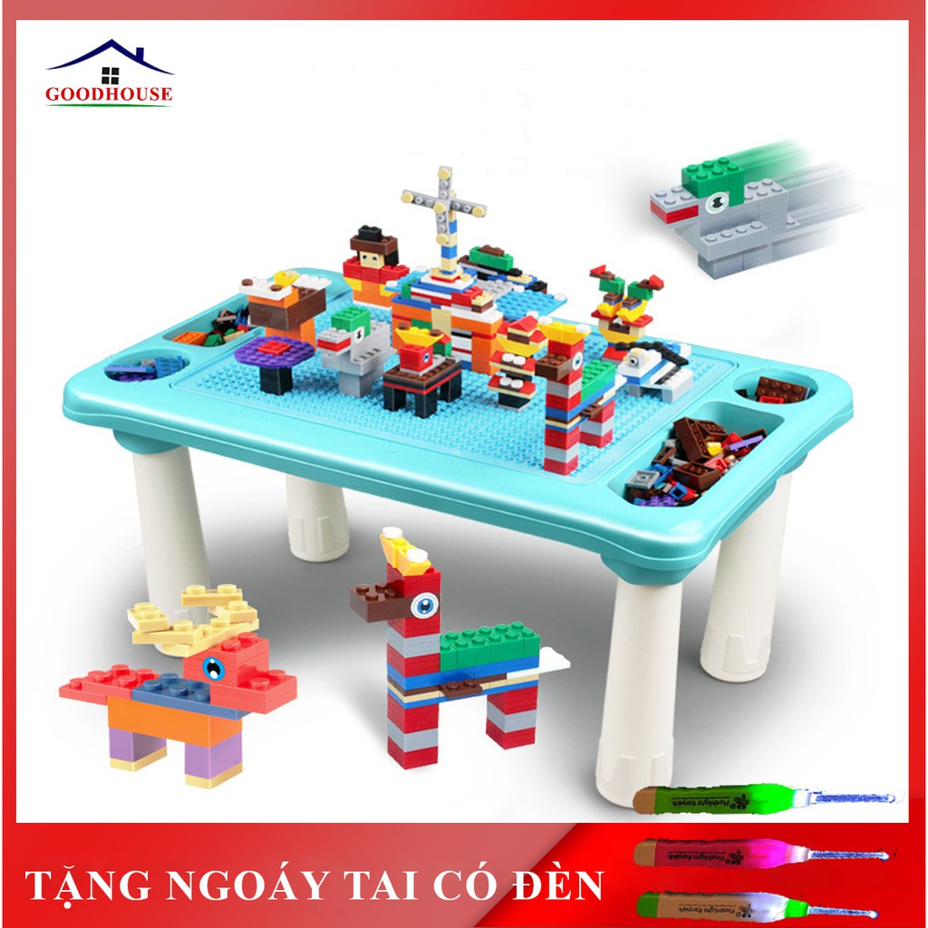 Bàn xếp hình lego đa năng 300 chi tiết, bàn xếp hình, có ngăn cất đồ tiện dụng cho bé, bảo hành 6 tháng