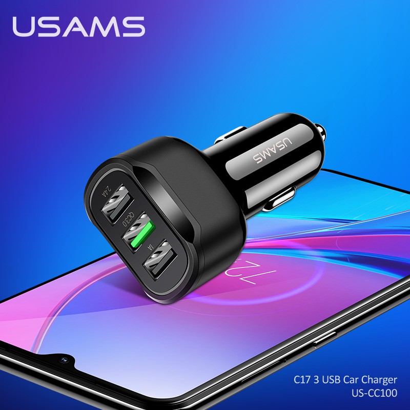 USAMS Cốc Sạc Trên Xe Hơi C17 3 Cổng Usb for IPHONE OPPO SAMSUNG HUAWEI VIVO XIAOMI