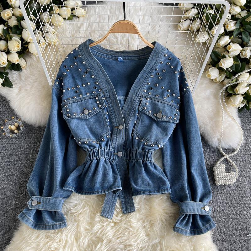 Áo Khoác Denim Đính Hạt Kim Cương Dáng Rộng Phong Cách Công Nghiệp Mùa Thu Cho Nữ