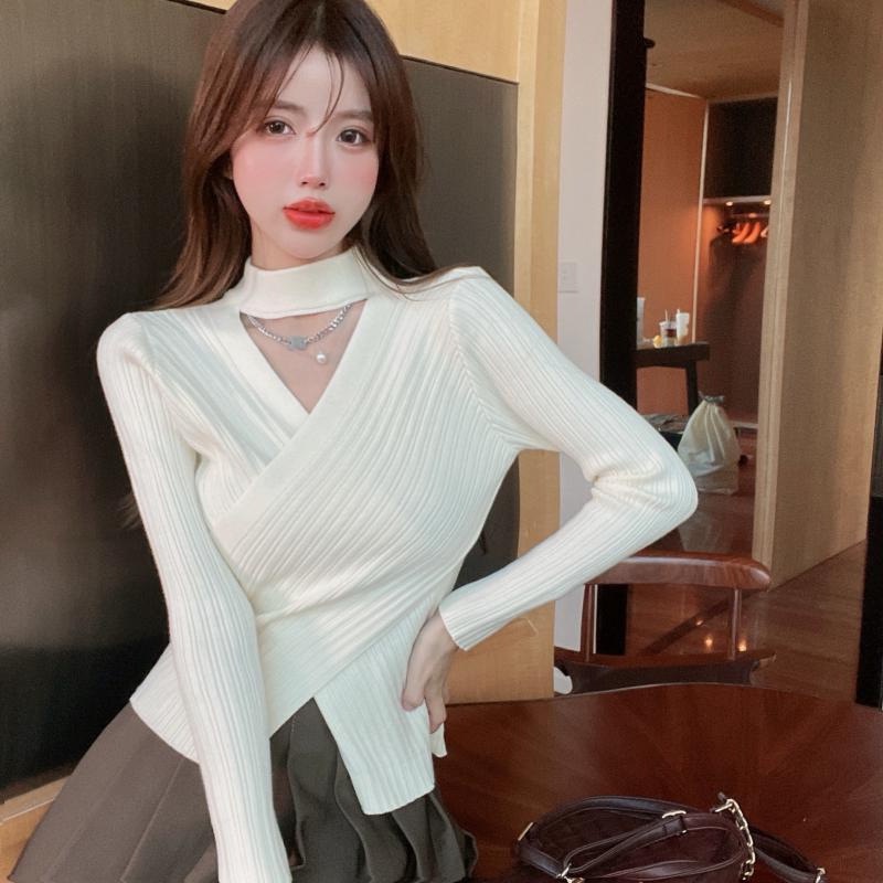 Áo sweater Dệt Kim Cổ Chữ V Dáng Ôm Thời Trang Quyến Rũ Cho Nữ