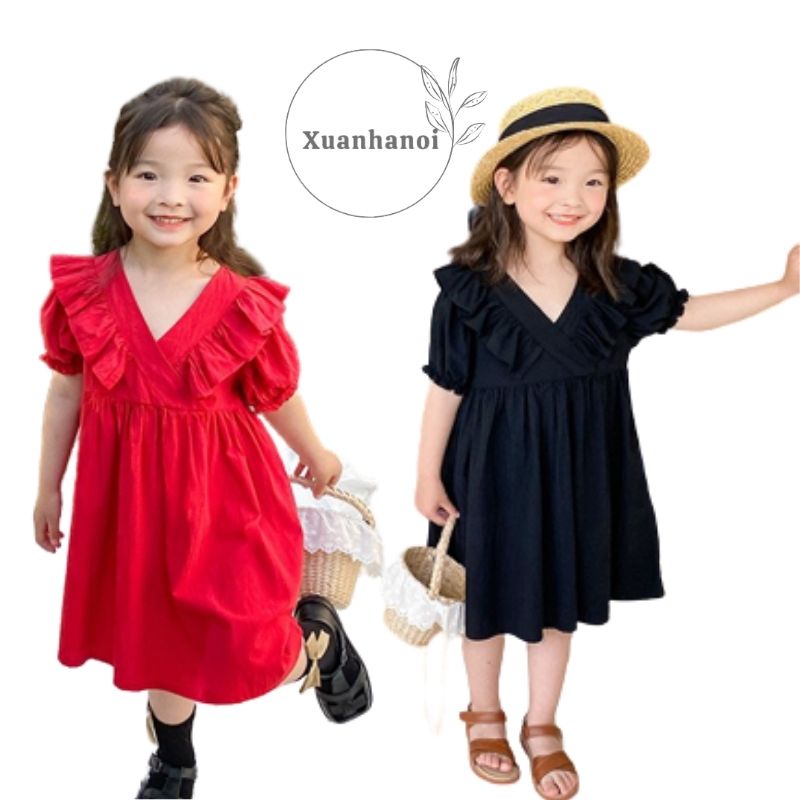 Váy bé gái Basci cổ chữ V phối bèo 2 mầu Đỏ và Đen XHN870