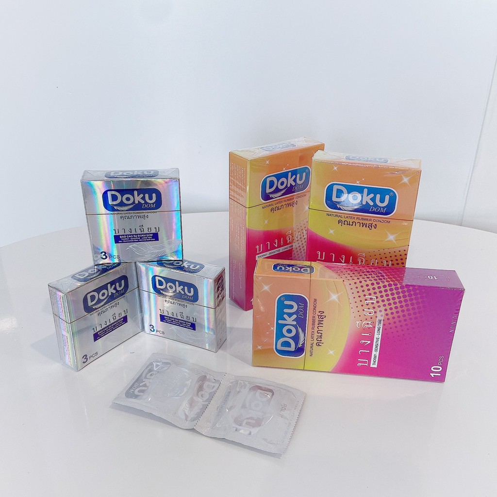 1 Hộp Bao Cao Su DOKU Dom Bạc 1Hộp 3 Trơn Siêu Mỏng Kéo Dài Thời Gian Quan Hệ