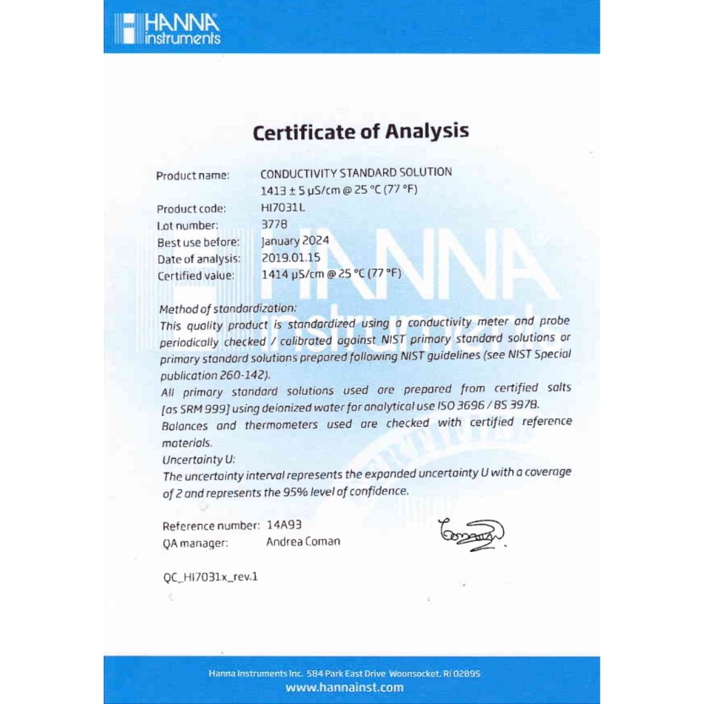 Dung dịch hiệu chuẩn độ dẫn EC Hanna HI7031L  1413 µS/cm = 1.41 mS/cm