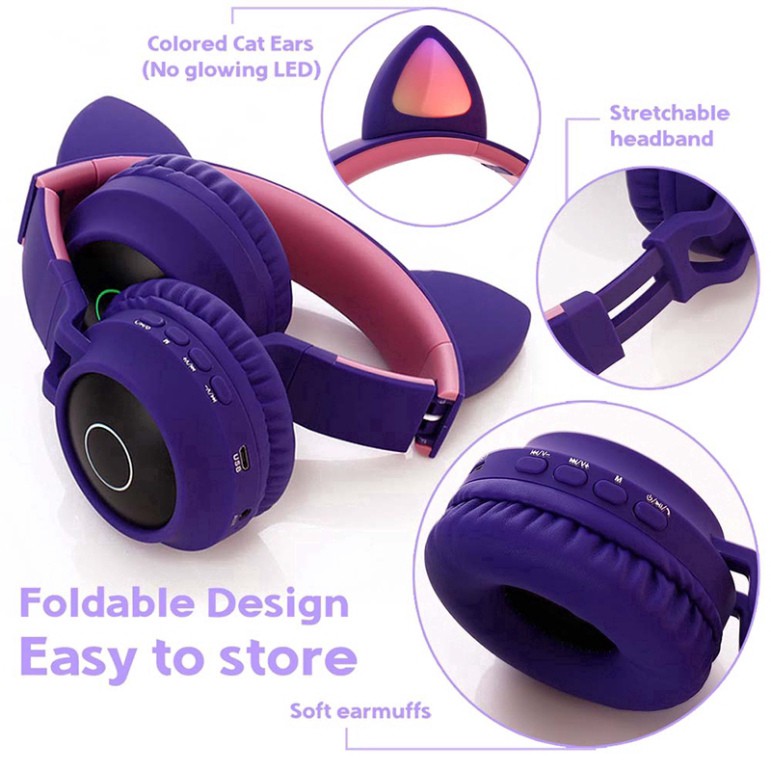 (thanh lý) Tai nghe chụp tai bluetooth không dây hình tai mèo với đèn LED và micro có thể gấp gọn cho chơi game/nghe nhạ