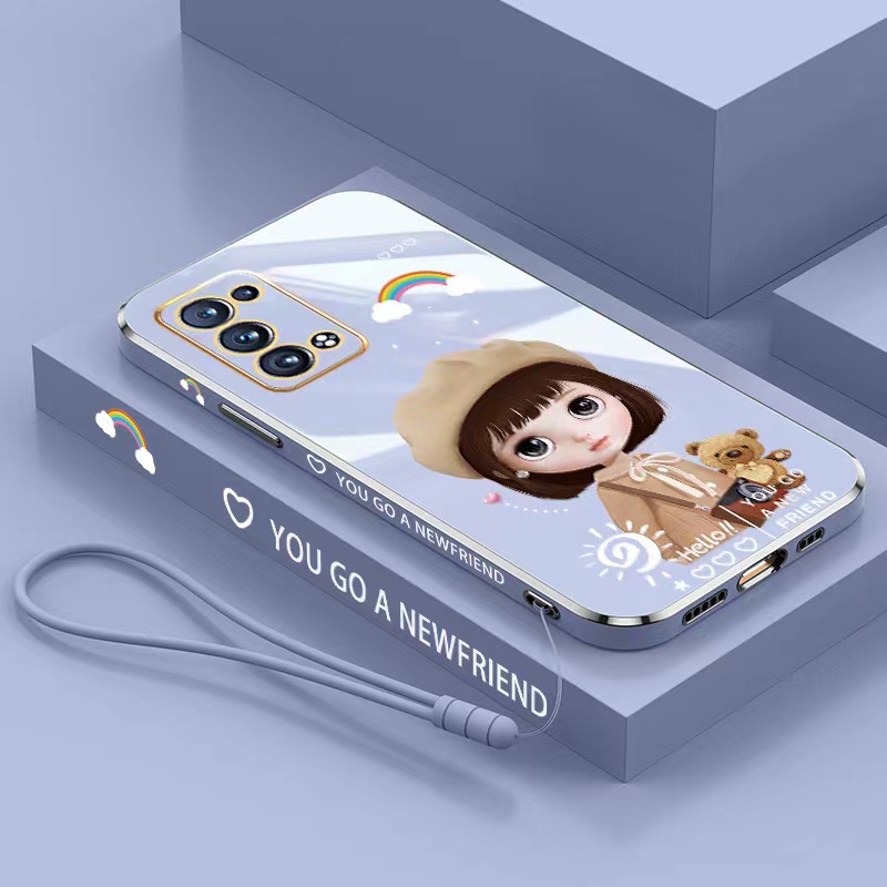 Vỏ OPPO Reno 8 4G Reno 8 Z 5G Reno 8 5G Reno 8 Pro 5G A57 4G 2022 A76 A96 A16K A16e Cạnh thẳng 90 ° Mạ Cartoon Girl Bảo vệ máy ảnh Vỏ điện thoại