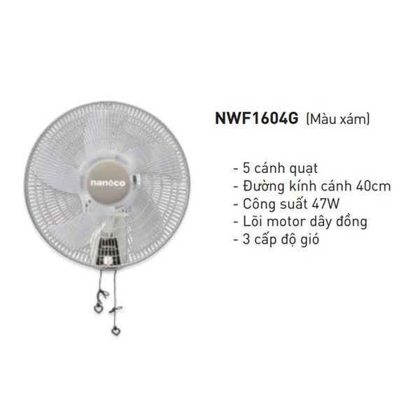 Quạt treo tường 5 cánh Nanoco NWF1604G 2 dây - CHÍNH HÃNG