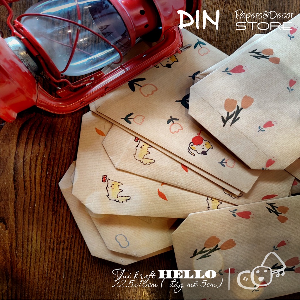 [TẶNG tem niêm phong] Túi giấy Kraft &quot;Hello&quot; KT 16x22.5cm - Bì giấy gói quà craft không quai, nắp gấp dán sticker