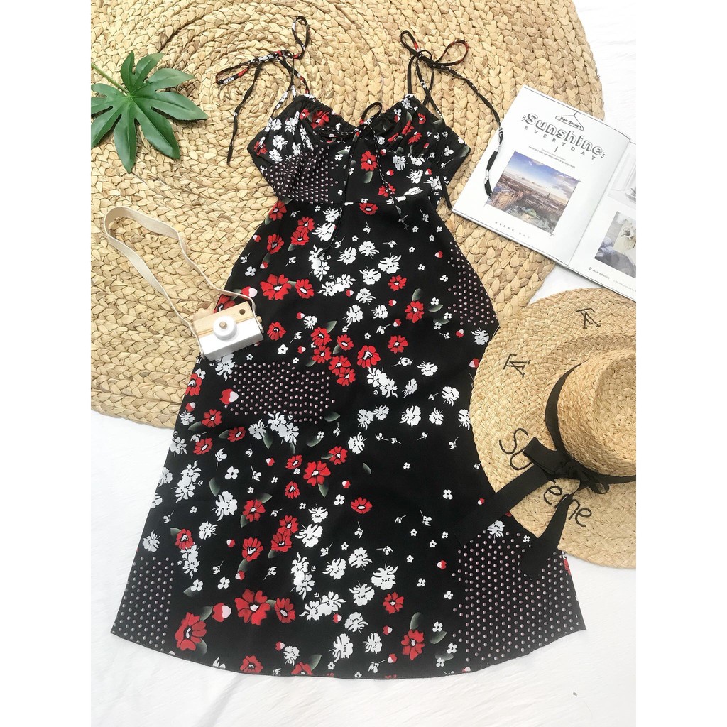 Đầm midi hoa liti chấm bi cột vai - D350