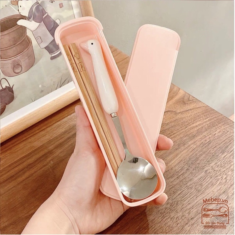 Thìa Dĩa Sứ Cao Cấp Hình Vịt Cute, Thìa Dĩa Decor, Hộp Thìa Dĩa Văn Phòng