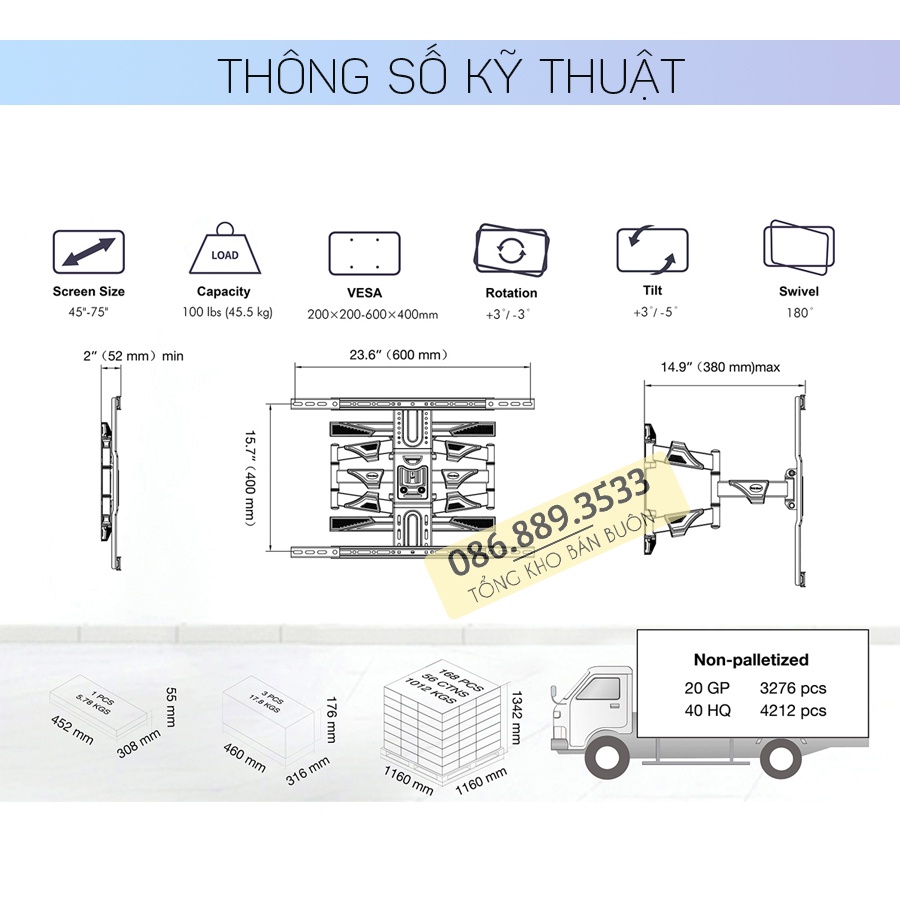 Giá Treo Tivi Góc Xoay NB P6 45 - 75 Inch - Khung Treo Tivi P6 Xoay Đa Năng