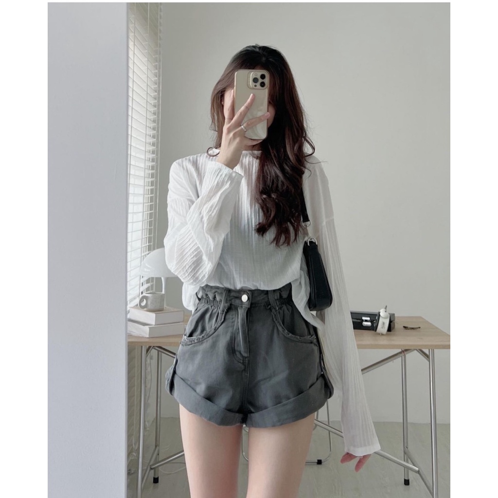 Áo Thun Nữ Cổ Tròn Dáng Suông Vải Xốp Gân Dài Tay 3 Màu Siêu Basic