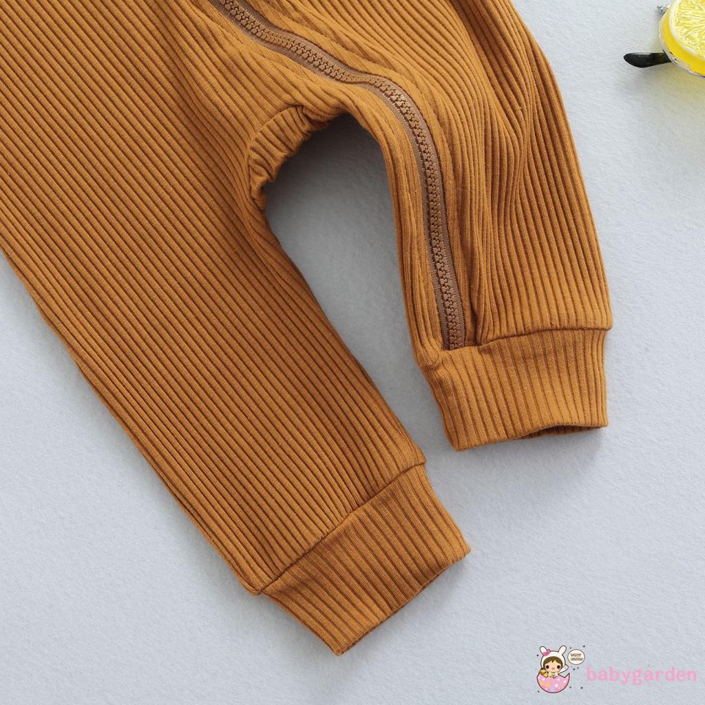 Bộ Áo Liền Quần Tay Dài Cổ Tròn Có Khóa Kéo Màu Trơn + Băng Đô Cài Tóc Xinh Xắn Cho Bé Gái 0-18 Tháng Tuổi