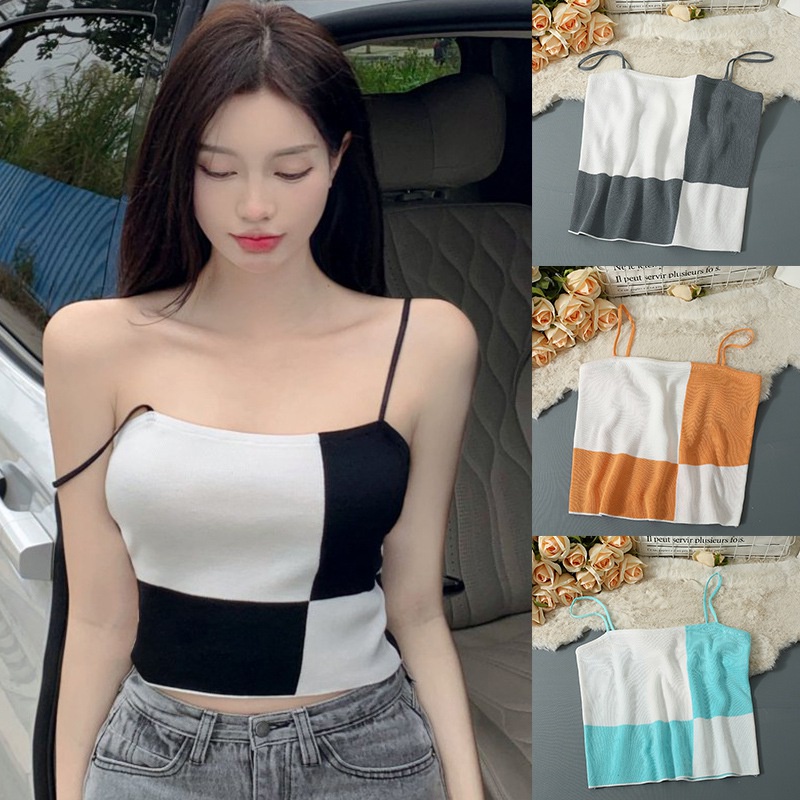 Áo Hai Dây Dáng Ôm Kẻ Sọc Màu Sắc Tương Phản Phong Cách Hàn Quốc